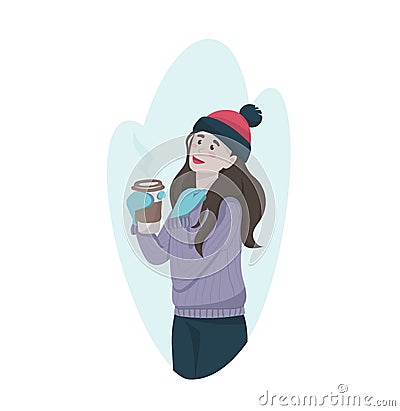 Girl in a warm hat and sweater holds a coffee and enjoys the winter air. Vector Illustration